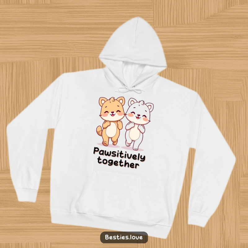 Funny kawaii animals holding paws and walking happily, a warm and cozy hoodie representing friendship, lovely gift.