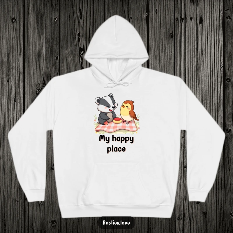 Funny Hoodie: Adorable badger and robin sharing a picnic blanket, erupting in laughter, a heartwarming and humorous depiction.
