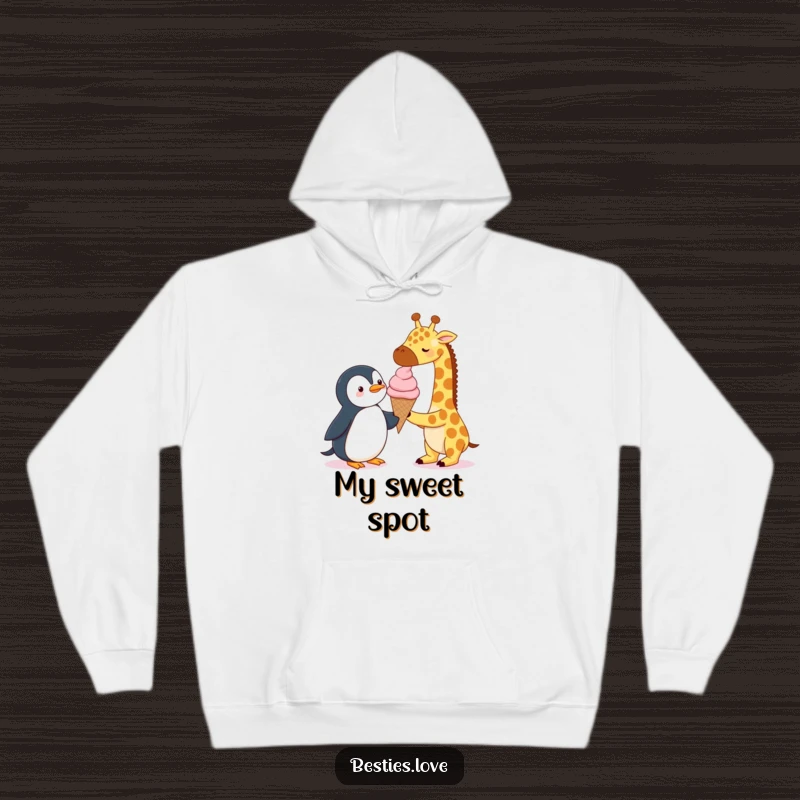 Funny Hoodie: A giraffe and a penguin sharing an oversized ice cream cone, a humorous and heartwarming depiction of friendship and treats.