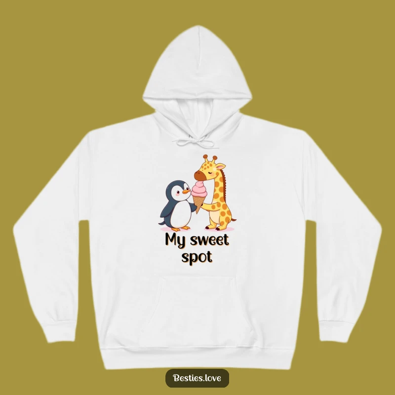 Cozy Funny Sweet Treat Hoodie: Giraffe & Penguin Ice Cream Pals, Ultimate Funny Gift