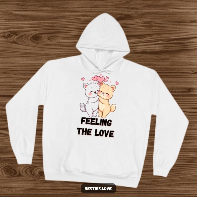 Funny kawaii animals lovingly hugging with hearts floating, a cozy and cheerful design on a warm hoodie.