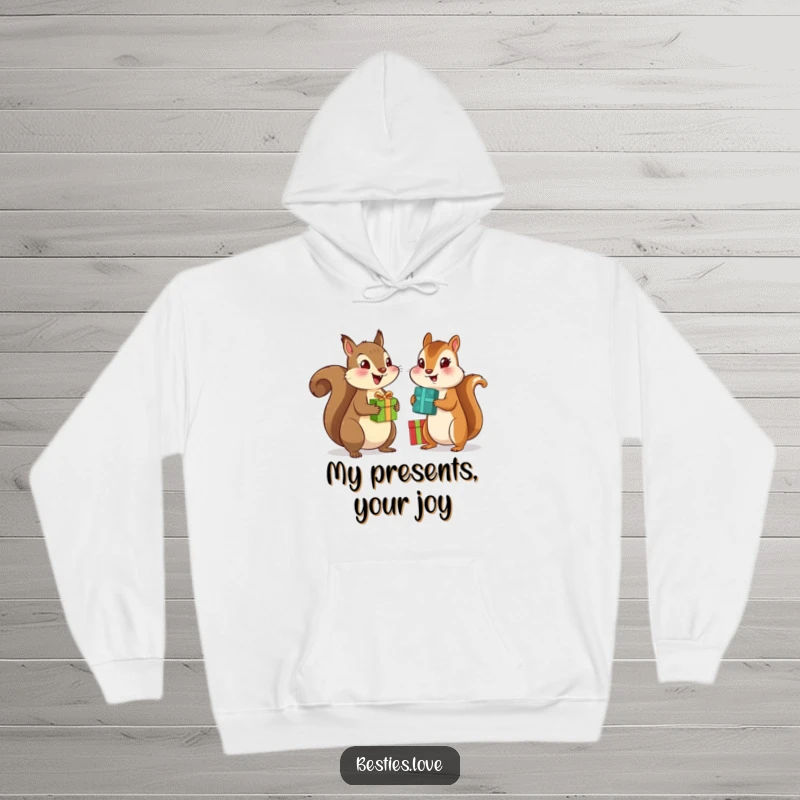 Funny hoodie with a charming illustration of a squirrel and chipmunk best friends enthusiastically exchanging gift boxes, radiating happiness.