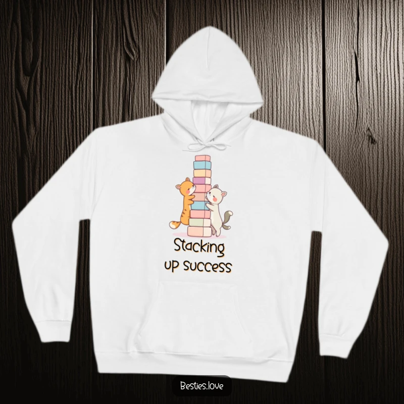 Funny bestie hoodie, two animal characters building a ridiculously tall tower of blocks together, cozy and collaborative.