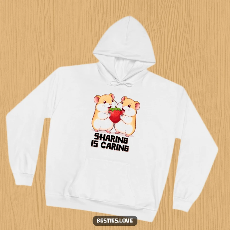 Funny hamster hoodie depicting two ecstatic hamsters sharing a huge, ripe strawberry, radiating warmth and friendship.