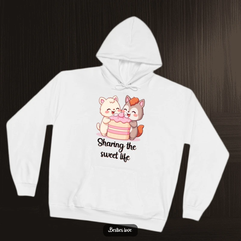 Funny Hoodie depicting two animals contentedly sharing a massive piece of cake, their pleased smiles radiating warmth and the joy of shared indulgence.