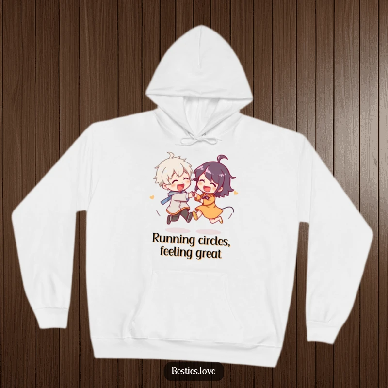 Funny Hoodie showcasing two characters in a delightful, circular chase, giggling with pure, unbridled joy and playful energy, perfect for cozy fun.