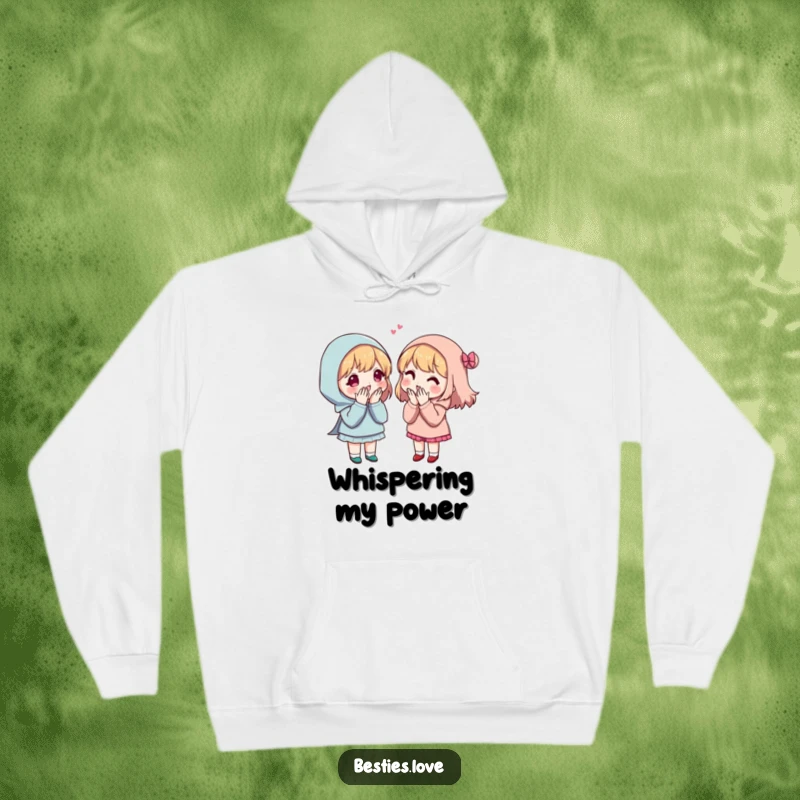 Funny Secret Sharing Friends Hoodie showing two friends huddled together, sharing secrets with exaggerated, comical whispers.
