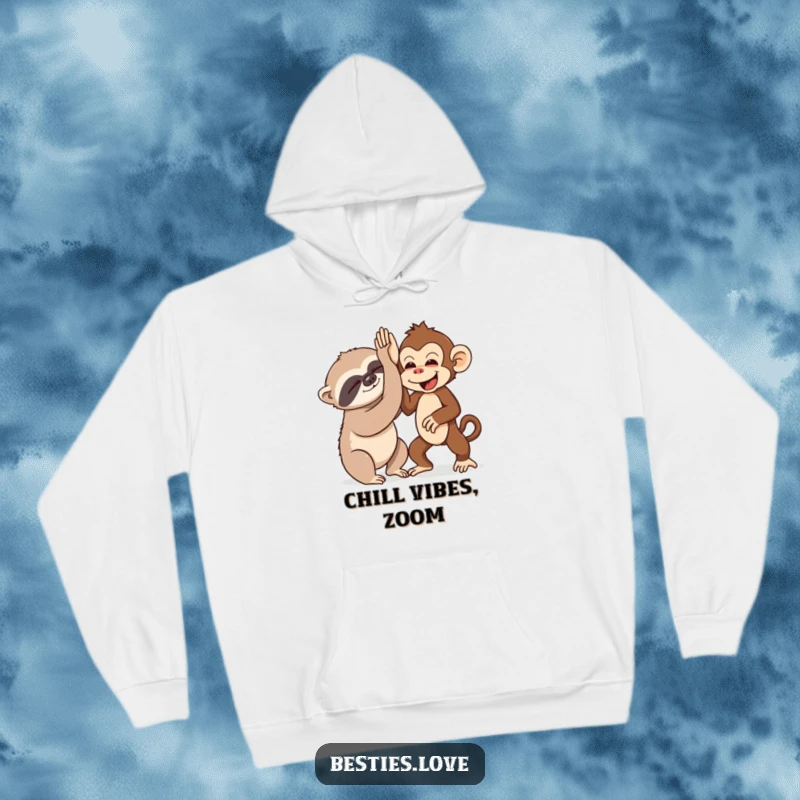 Funny hoodie illustrating a sleepy sloth and an energetic monkey high-fiving, symbolizing the humor in contrasting personalities.