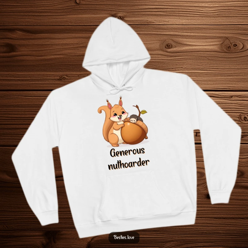 Funny hoodie depicting a cheerful squirrel sharing a gigantic acorn with a small hedgehog, highlighting friendship and generosity.