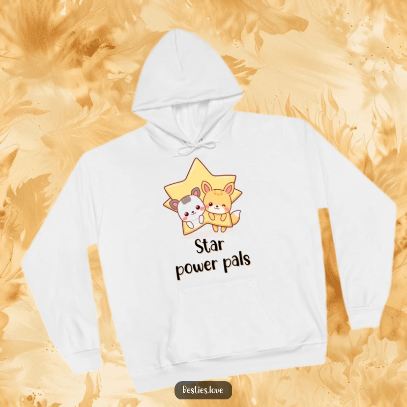 Funny Star Animals Hoodie with cartoon animals peeking from behind a giant, winking star, offering warmth and playful humor.