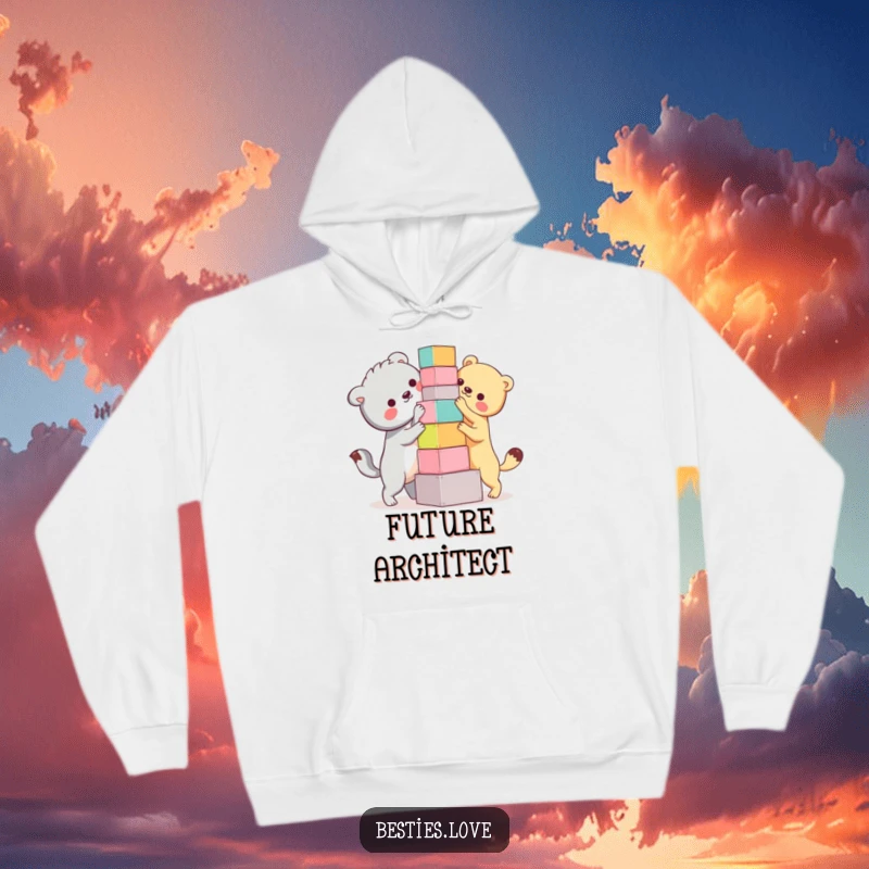 Funny Bestie Animals Hoodie: Two charming animals humorously building a precarious tower of blocks, perfect for cozy, laughter-filled moments.