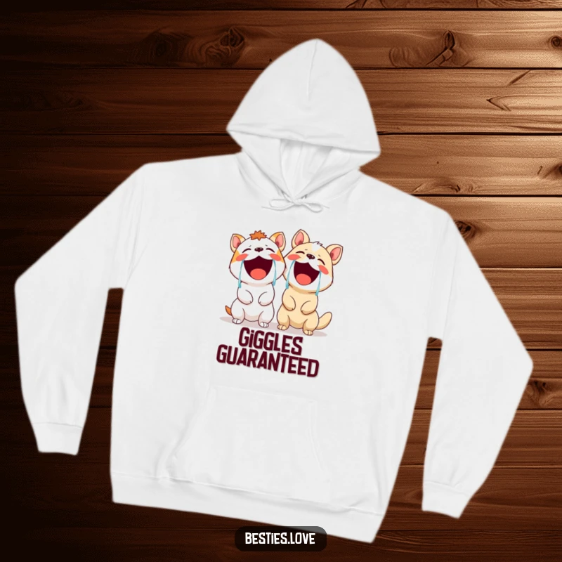 Funny hoodie depicting two animals in fits of uncontrollable laughter, tears streaming, embodying extreme mirth and comedic delight.