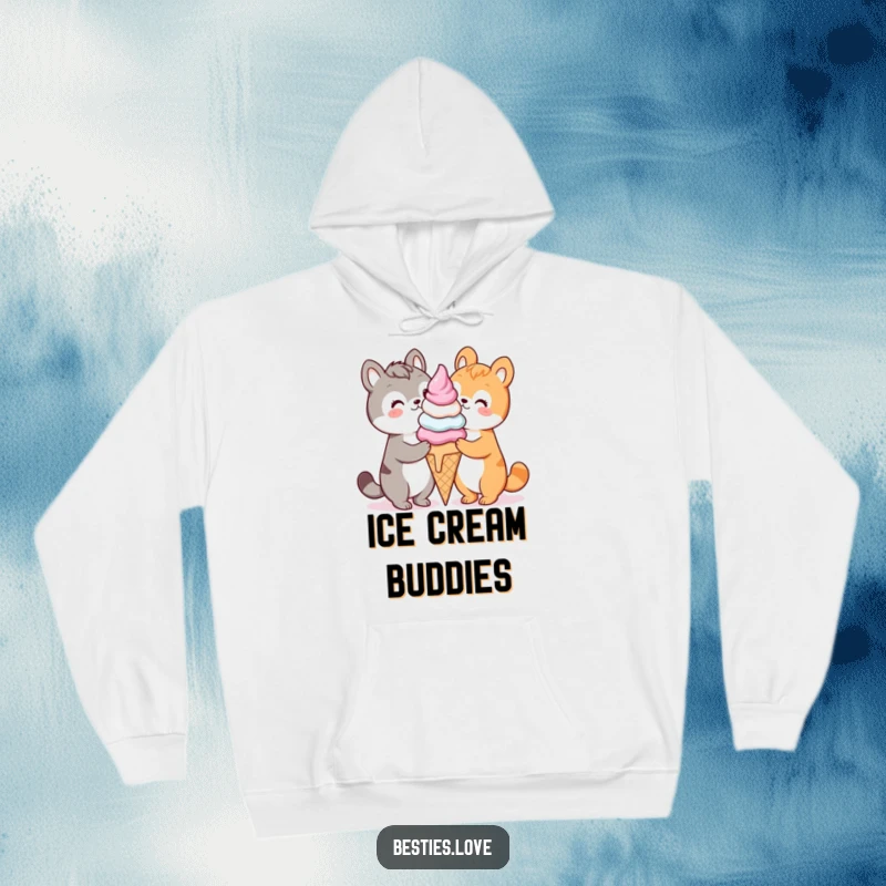 Funny kawaii animals sharing a huge ice cream cone, a warm and cozy hoodie celebrating sweet moments, lovely gift.