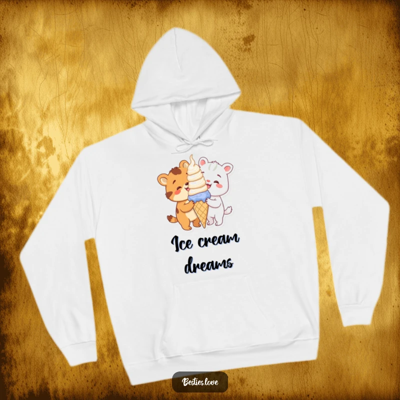 Funny animals sharing a giant ice cream cone, a delightful and cozy design on a warm hoodie.