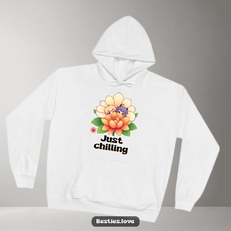 Funny Hoodie: Two adorable characters peek out from behind a large, vibrant flower, creating a hilarious and heartwarming scene.