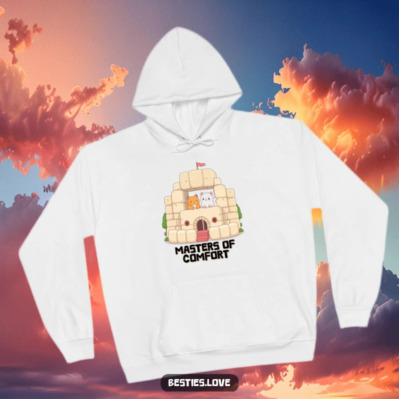 Funny Hoodie featuring two animals constructing an impressive fort from large plush blocks, capturing the essence of creative play and cozy building.