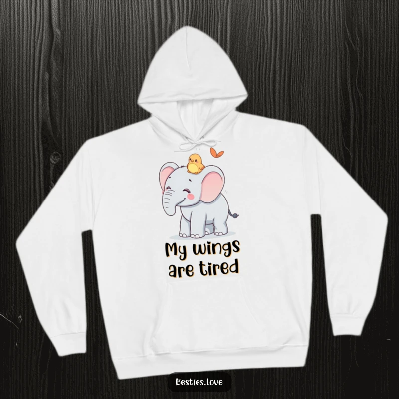 Funny Hoodie: A smiling elephant offers its back for a tiny bird's ride, a humorous and cozy depiction of interspecies friendship.