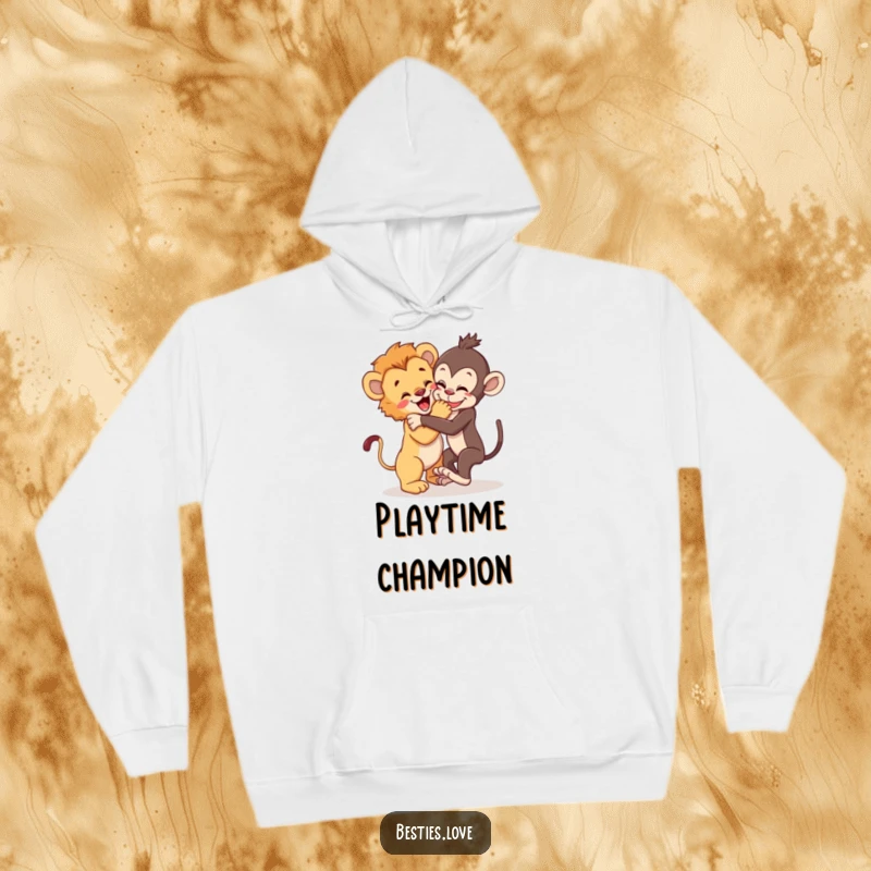 Funny Hoodie: A lion cub and a playful monkey wrestling joyfully, a humorous and heartwarming scene of energetic friendship.
