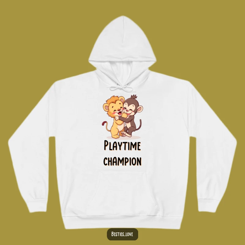 Cozy Funny Wild Pals Hoodie: Lion Cub & Monkey Wrestle Joy, Ultimate Funny Gift