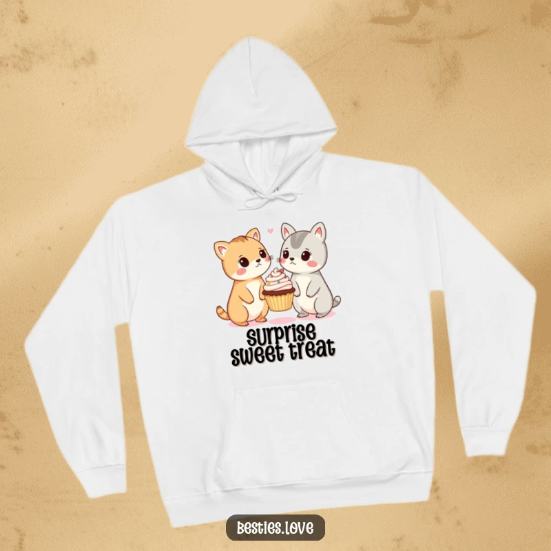 Funny hoodie with two cute animals expressing shock and wonder over a small, airborne cupcake, creating a comical scene.