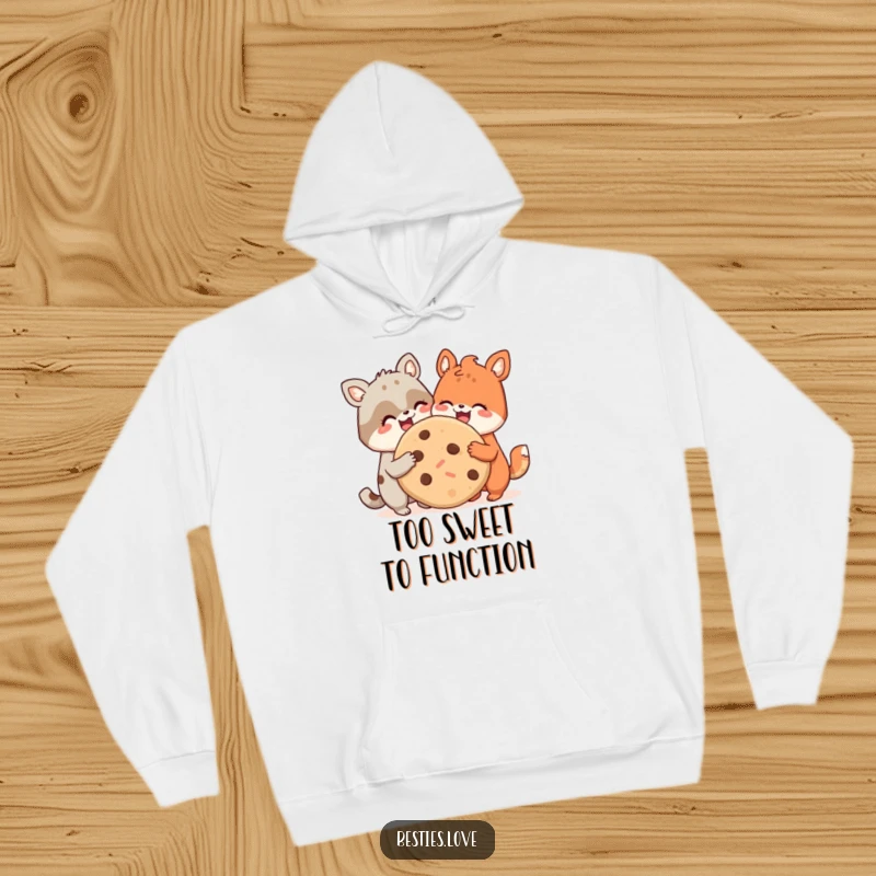Funny hoodie showing two smiling animal companions united by a comically large cookie, radiating comfort and camaraderie for screen readers.