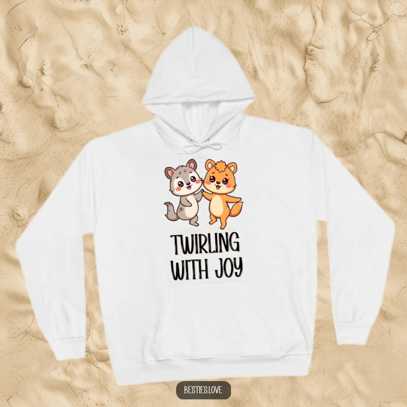 Funny, cozy hoodie depicting two animals dancing with cheerful, starry-eyed expressions, providing warmth and radiating joy.