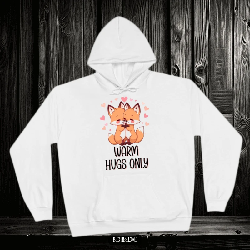 Funny hoodie with two adorable fox friends embracing amidst sparkling hearts, a symbol of cherished companionship and cozy warmth.