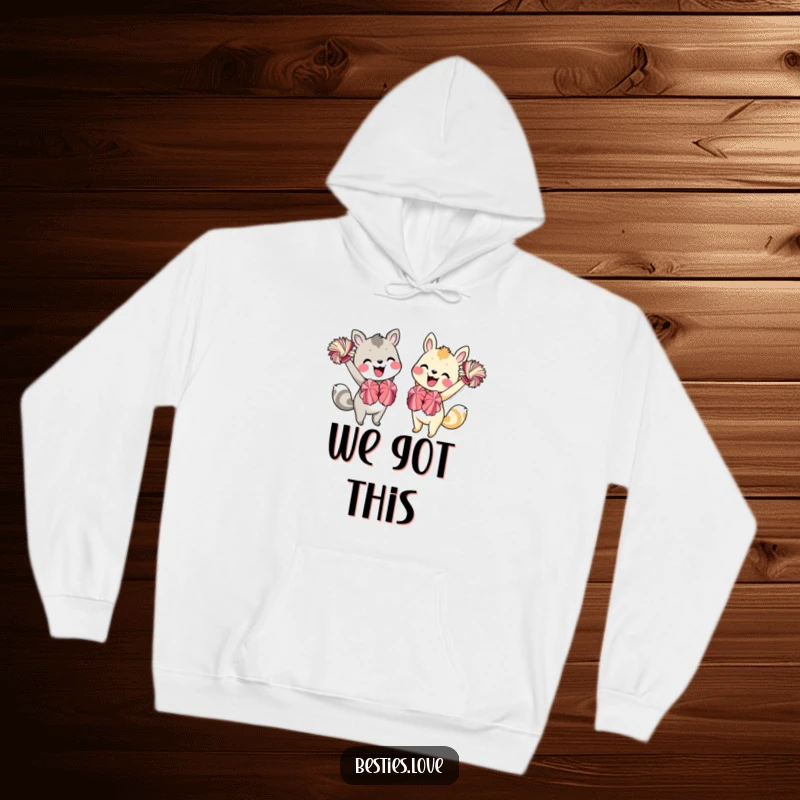 Funny Animal Friends Hoodie: Two charming animals enthusiastically cheering with pom-poms and bright smiles, perfect for cozy encouragement.