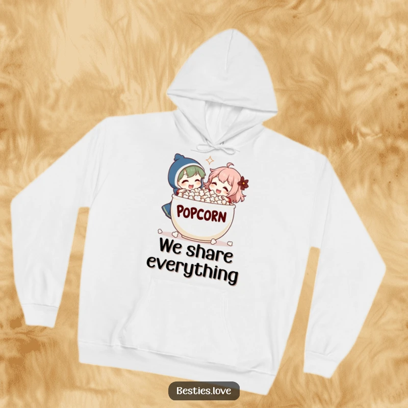 Funny Hoodie: Two characters share an enormous bowl of popcorn, their laughter echoing in this hilarious and comfy design.