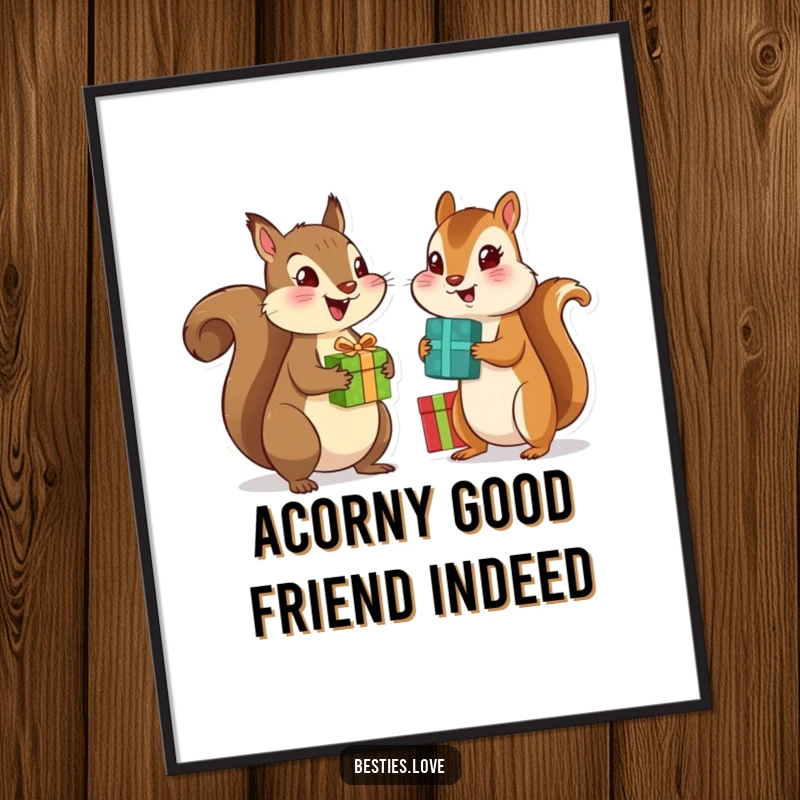 Funny Free Printable Wall Art: Excited squirrel and chipmunk exchanging gifts, capturing friendship and joy.