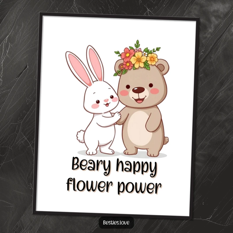 Funny Free Printable Wall Art: A bunny offering a silly flower crown to a smiling bear, creating a joyful, whimsical scene.