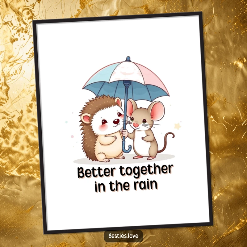 Funny Free Printable Wall Art depiction: A shy hedgehog and a brave mouse sharing a tiny umbrella.