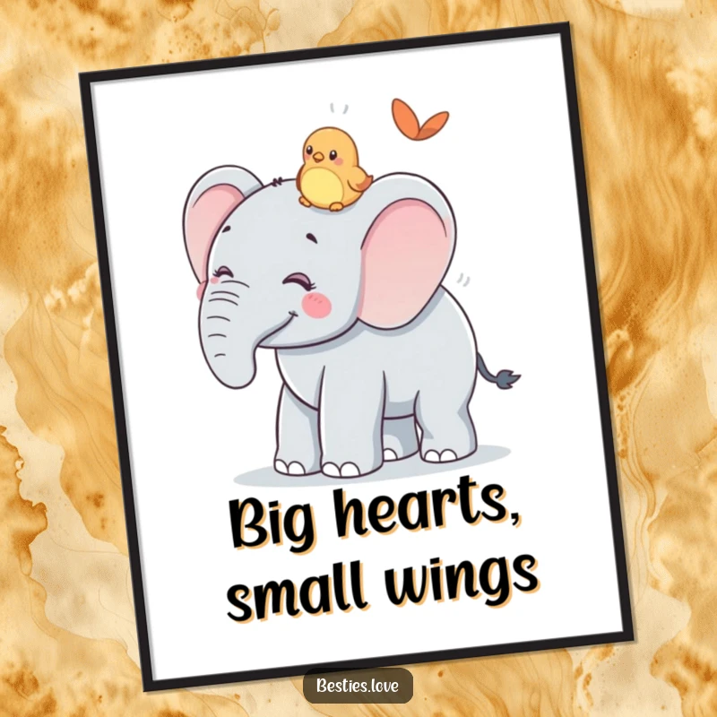 Funny Free Printable Wall Art of a smiling elephant gently carrying a small bird friend on its back.