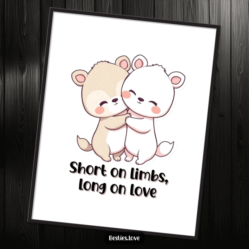 Cute Free Printable Wall Art: Two very cute animals with large heads and short limbs embracing warmly, adorable art.