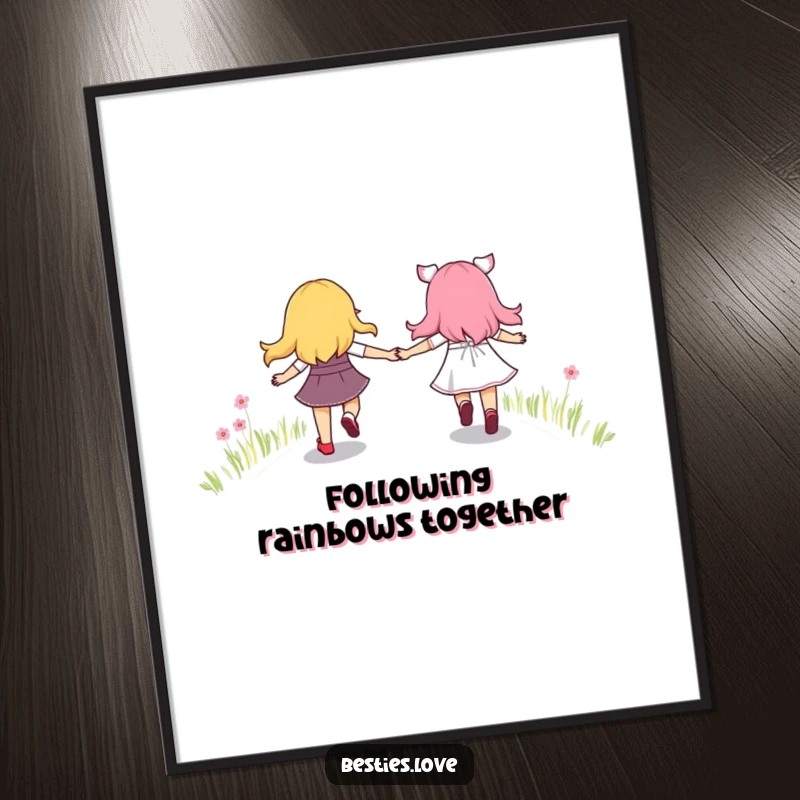 Funny Free Printable Wall Art: Best friends joyfully skipping along a bright, colorful rainbow path, radiating happiness.