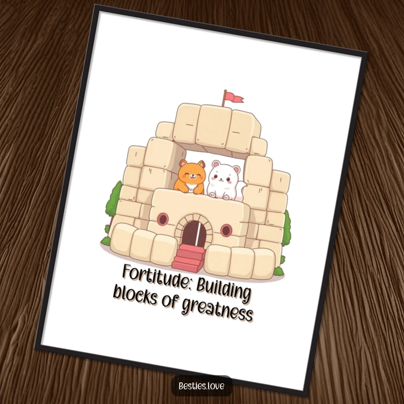 Funny Free Printable Wall Art: Two charming animals busily constructing a magnificent fort using oversized, colorful plush blocks.