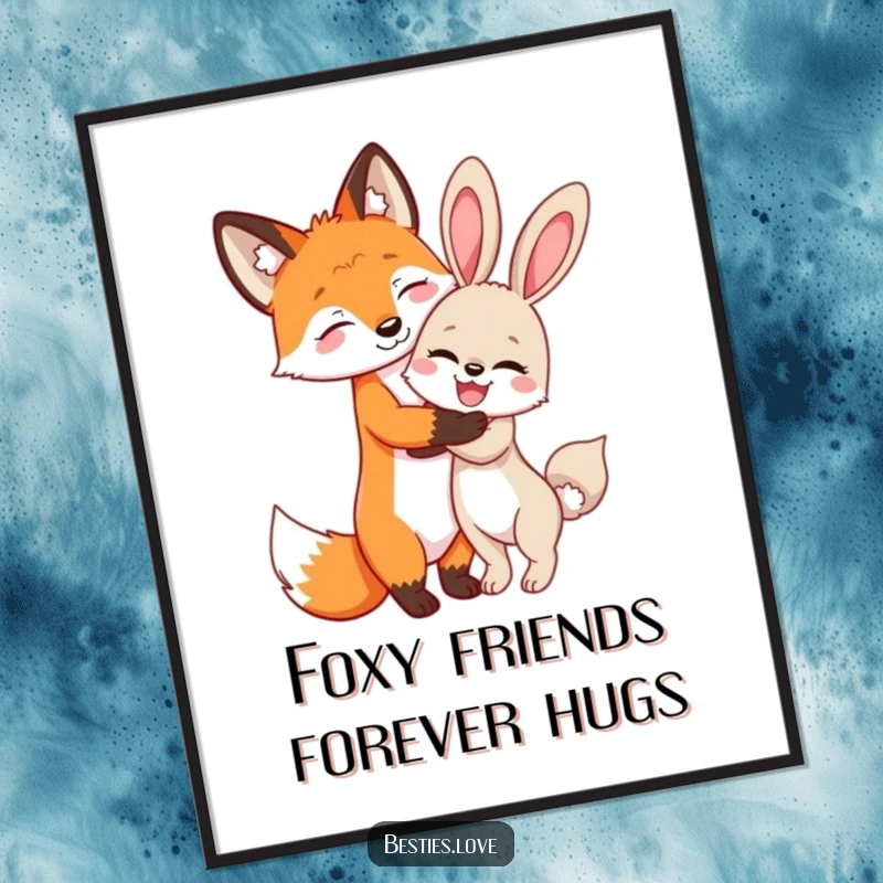 Funny Free Printable Wall Art depicting a playful fox and giggling bunny sharing a secret hug, a downloadable piece celebrating friendship.