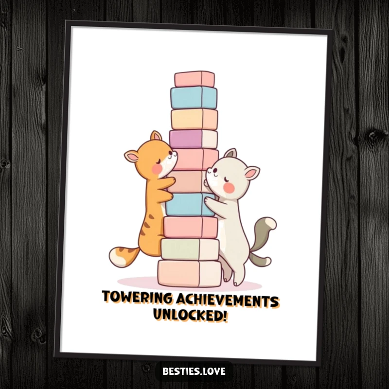 Funny Free Printable Wall Art: Two bestie animal characters building a ridiculously tall tower of blocks together. Collaborative art.