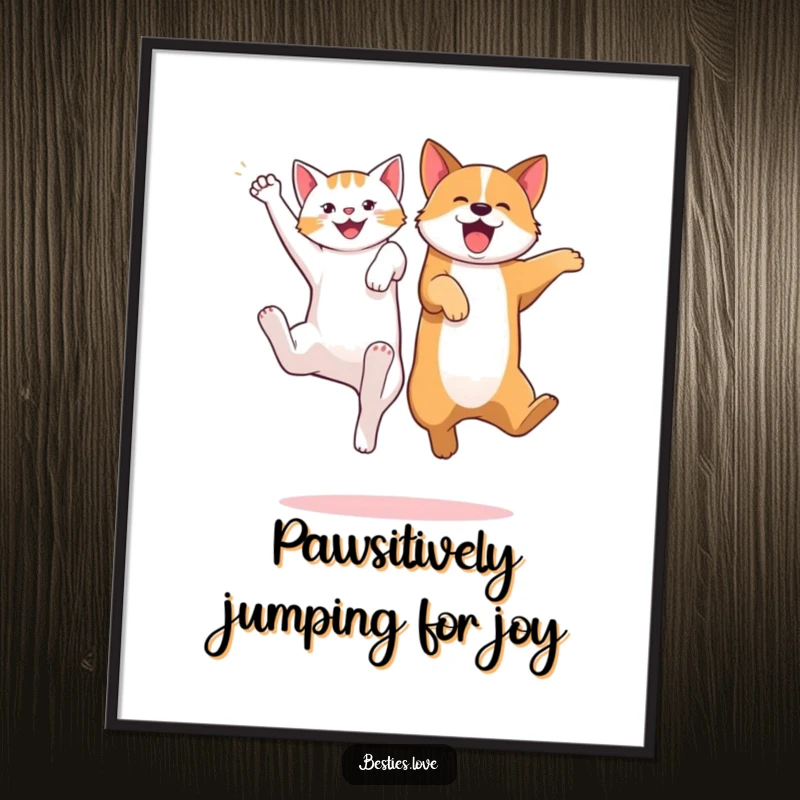 Funny Free Printable Wall Art: A playful cat and dog caught mid-jump, legs kicking with pure excitement, vibrant and fun.