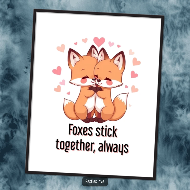 Funny Free Printable Wall Art: Two cute foxes locked in a tight, loving hug, surrounded by shimmering hearts, for charming decor.