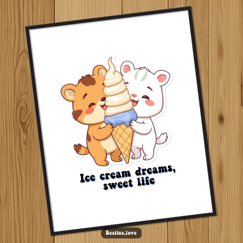 Funny Free Printable Wall Art featuring two animals happily sharing a giant ice cream cone, adding sweet decor.