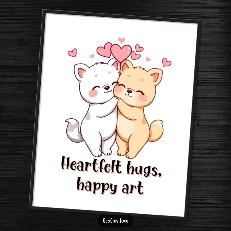 Funny Free Printable Wall Art of two kawaii animals hugging tightly amidst floating hearts, adding cute decor.