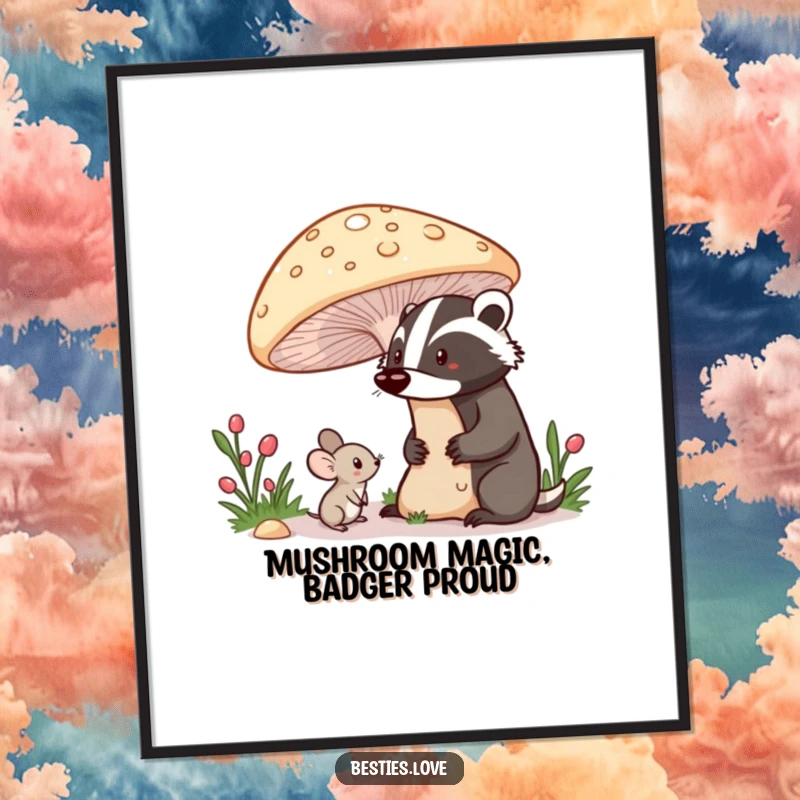 Funny Free Printable Wall Art: A shy mouse beneath a mushroom observes a proud badger, creating a charming woodland narrative.