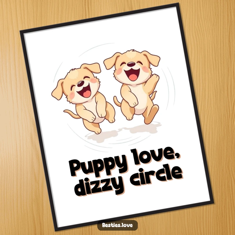Funny Free Printable Wall Art: Two laughing puppies caught in a hilariously dizzy circle as they chase their tails.