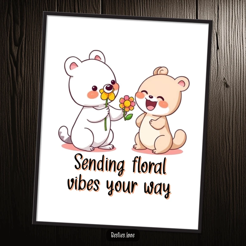 Funny Free Printable Wall Art: A cute animal politely offers a big, colorful flower to a laughing companion.