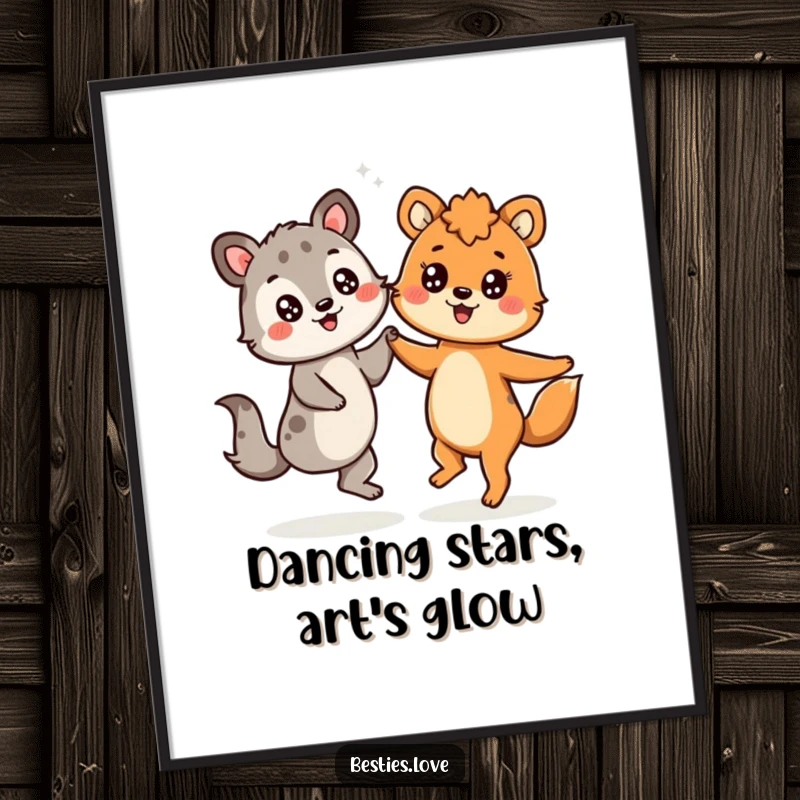 Funny Free Printable Wall Art: Two animals with cheerful, starry eyes are captured mid-dance, radiating joy.