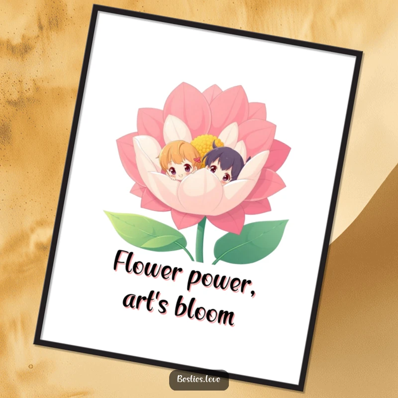 Funny Free Printable Wall Art: Two characters comically peeking out from behind a giant, vividly colored flower.