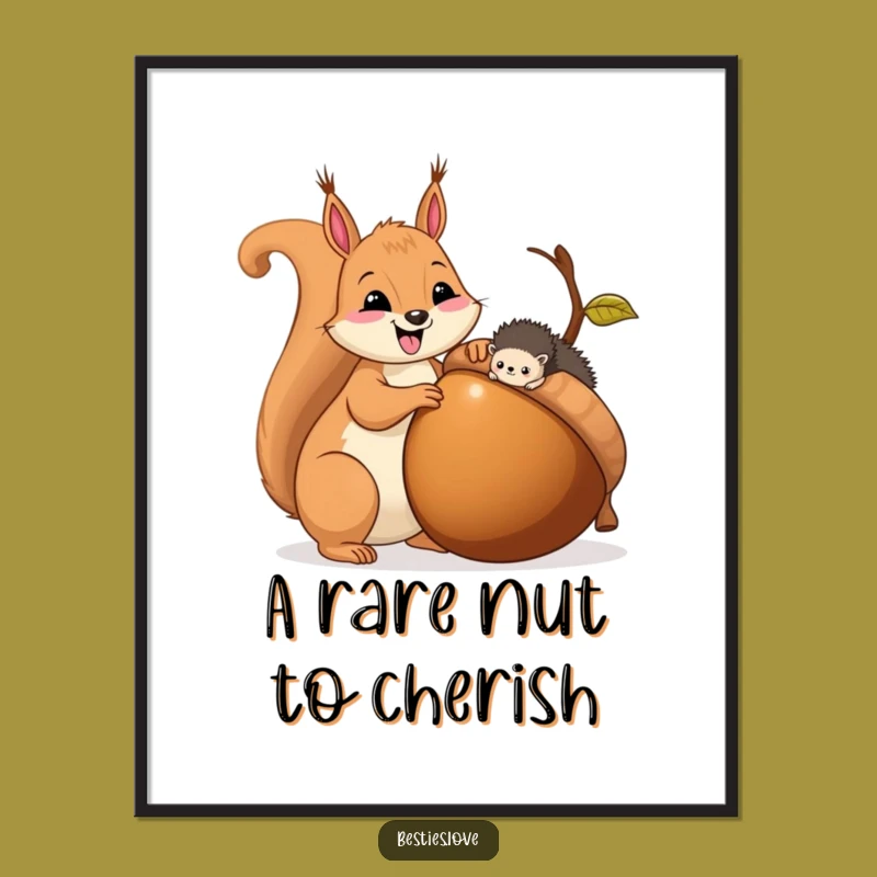 Free Printable Wall Art: Funny Squirrel & Hedgehog Sharing Acorn, Humorous Downloadable Decor