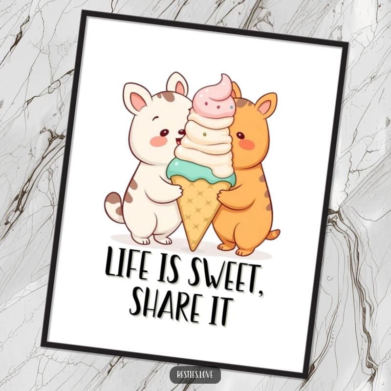 Funny Free Printable Wall Art of two cartoon animals sharing a comically oversized ice cream cone.