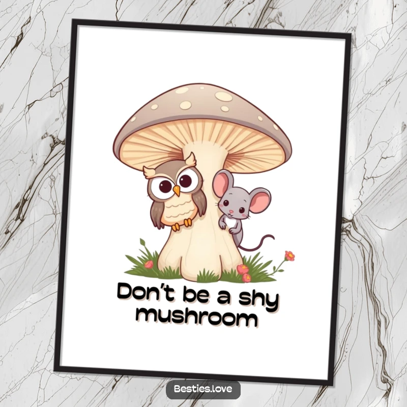 Funny Free Printable Wall Art: Owl and mouse friends peeking from behind a mushroom, creating a magical scene.